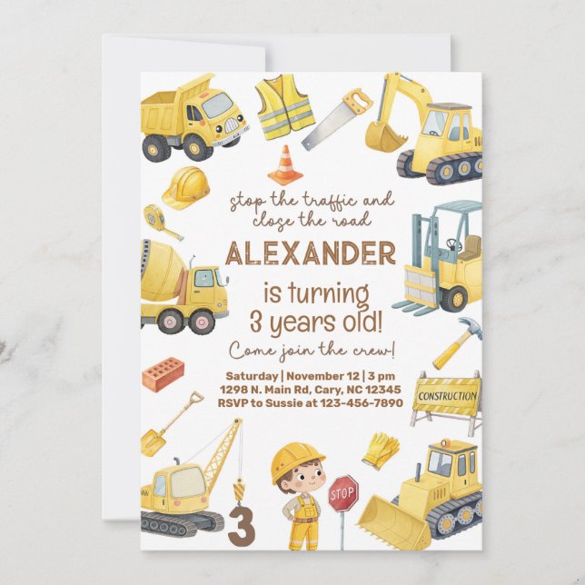 Invitation d'anniversaire 3 ans garçon camions de  (Devant)