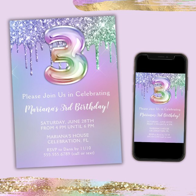 Invitation d'anniversaire 3 ans Paillettes Rose Vi (Créateur téléchargé)