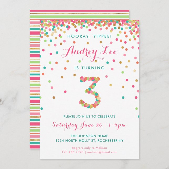 Invitation d'anniversaire 3 ans pour filles  fête  (Devant / Derrière)
