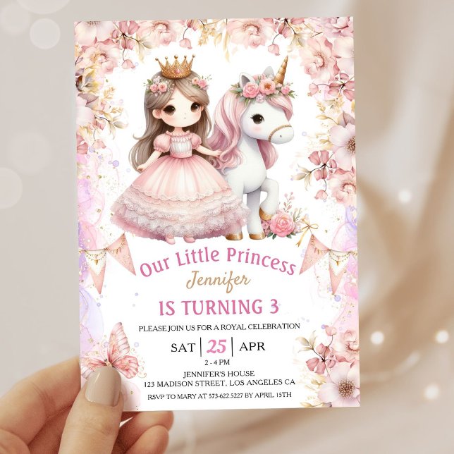 Invitation d'anniversaire 3 ans Princesse Licorne  (Créateur téléchargé)