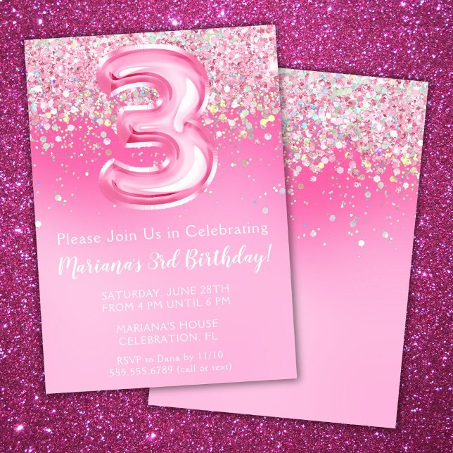 Invitation d'anniversaire 3 ans rose fille paillet (Créateur téléchargé)