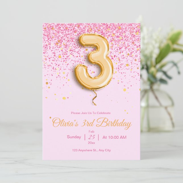 Invitation d'anniversaire 3 ans Rose Fille Paillet (Debout devant)