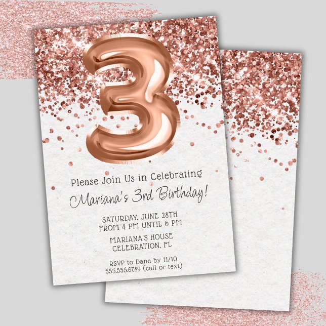 Invitation d'anniversaire 3 ans Rose Gold (Créateur téléchargé)