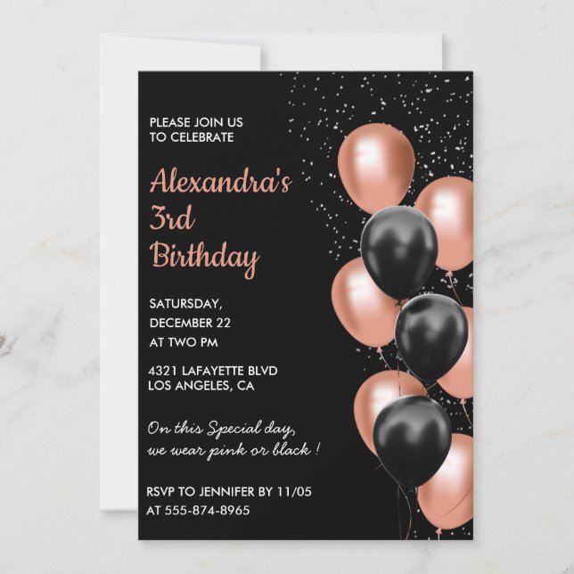 Invitation d'anniversaire 3 ans Rose gold Ballon N (Devant)