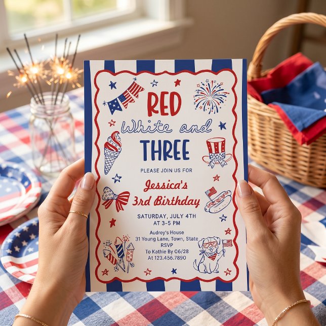Invitation d'anniversaire 3 ans Rouge Blanc et Tro (Créateur téléchargé)