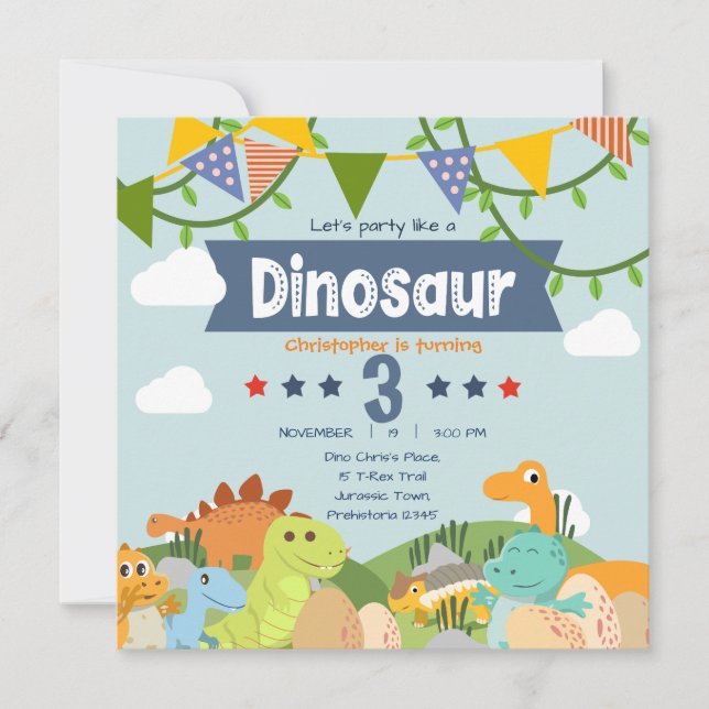 Invitation d'anniversaire 3 ans sur le thème des d (Devant)