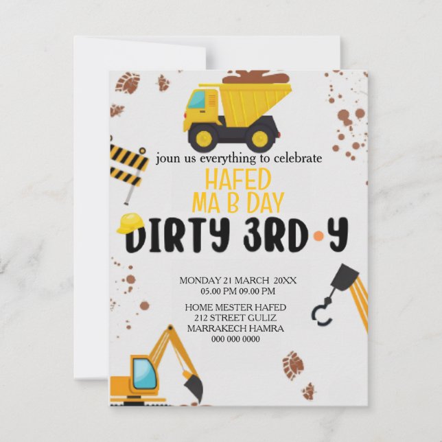 Invitation d'anniversaire 3 ans Thème Construction (Devant)