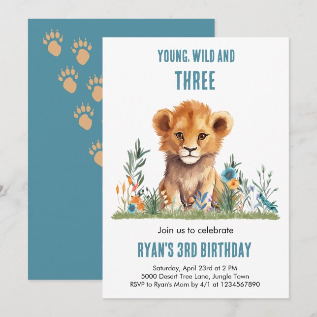 Invitation d'anniversaire 3 ans Wild & Three Lion (Devant / Derrière)