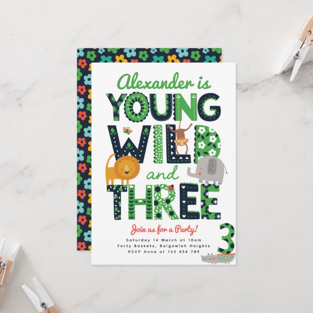 Invitation d'anniversaire 3 ans, Young Wild Three, (Devant/Arrière en situation)