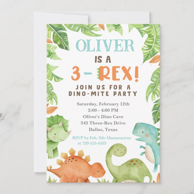 Invitation d'anniversaire 3 Rex, Dino 3e anniversa (Devant)
