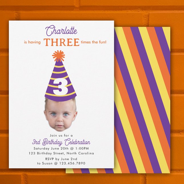 Invitation d'anniversaire 3ème Trois Bébé Visage A (Birthday Invite 3rd Three Birthday Baby Face Photo)