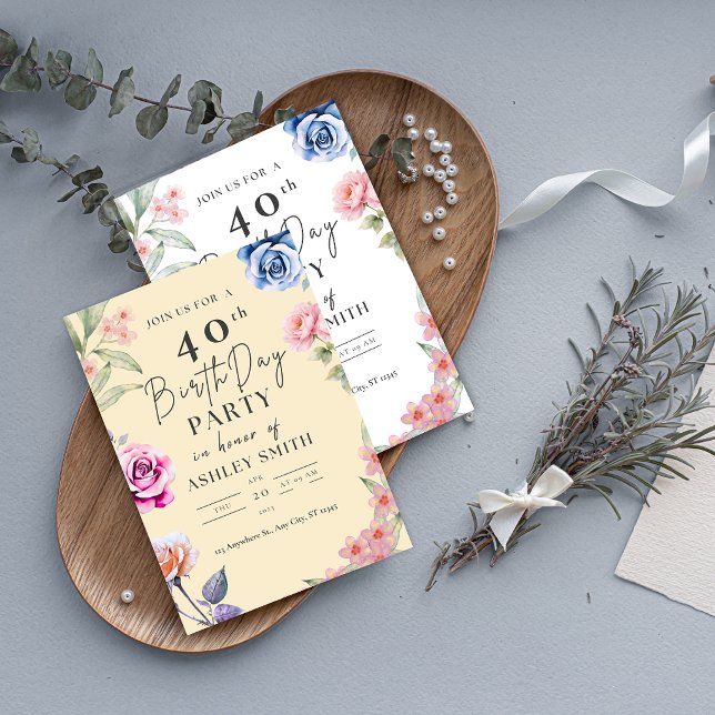 Invitation d'anniversaire 40 ans à l'aquarelle flo (Créateur téléchargé)