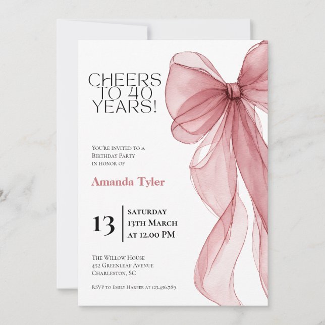 Invitation d'anniversaire 40 ans à ruban aquarelle (Devant)