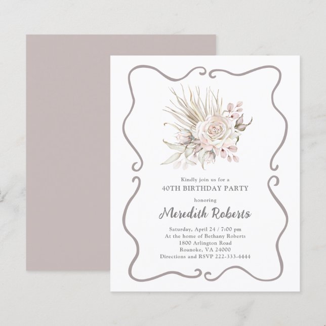 Invitation d'anniversaire 40 ans Budget Blush Rose (Devant / Derrière)