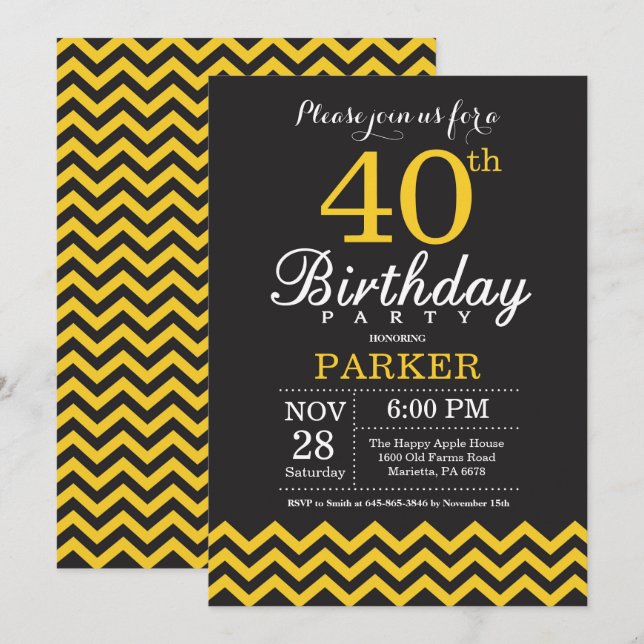 Invitation d'anniversaire 40 ans Chevron noir et j (Devant / Derrière)