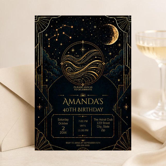 Invitation d'anniversaire 40 ans du Verseau foncé  (Dark Art Deco Aquarius zodiac 40th birthday invitation featuring celestial details, vintage-inspired)