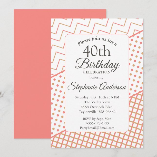 Invitation d'anniversaire 40 ans élégante corail g (Devant / Derrière)