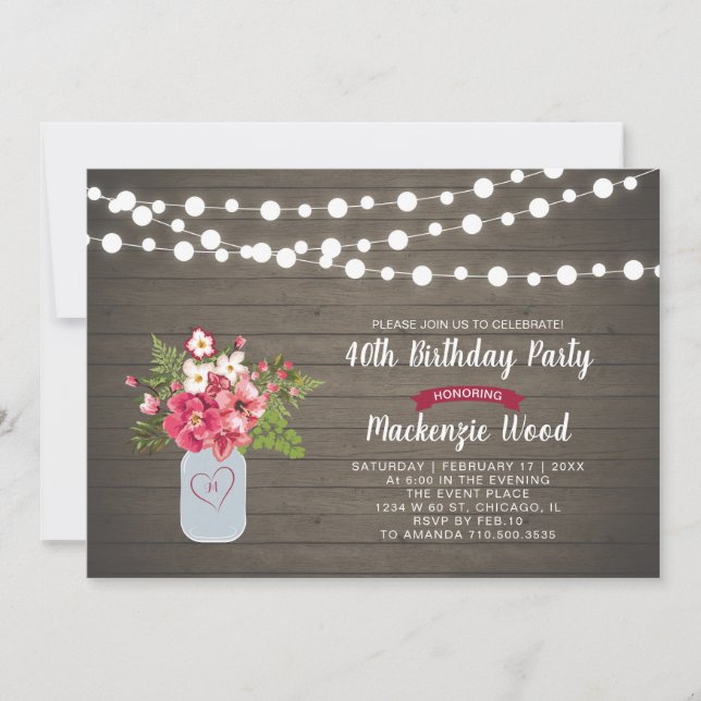 Invitation d'anniversaire 40 ans en bois rustique  (Devant)