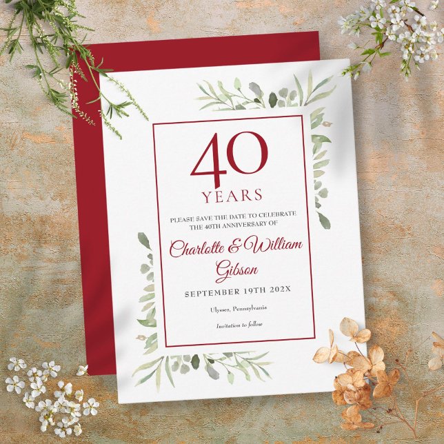 Invitation d'anniversaire 40 ans Enregistrez la da (Greenery 40th Anniversary Save the Date Announcement Postcard)