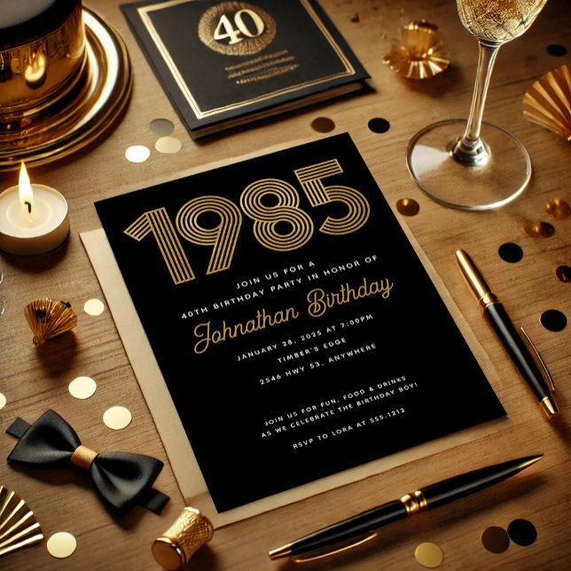 Invitation d'anniversaire 40 ans Faux Or Noir 1985 (1985 Black Faux Gold 40th Birthday Invitation)