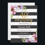 Invitation d'anniversaire 40 ans Femme. Floral Or<br><div class="desc">Invitation d'anniversaire 40 ans pour femmes. Invitation de fête d'anniversaire noire et or. Paillettes d'or. Fleur florale aquarelle violette. Rayures noires et blanches. Numérique imprimable. Pour une personnalisation plus poussée,  veuillez cliquer sur le bouton "Personnaliser" et utiliser notre outil de conception pour modifier ce modèle.</div>
