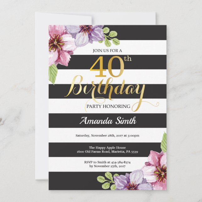 Invitation d'anniversaire 40 ans Femme. Floral Or  (Devant)