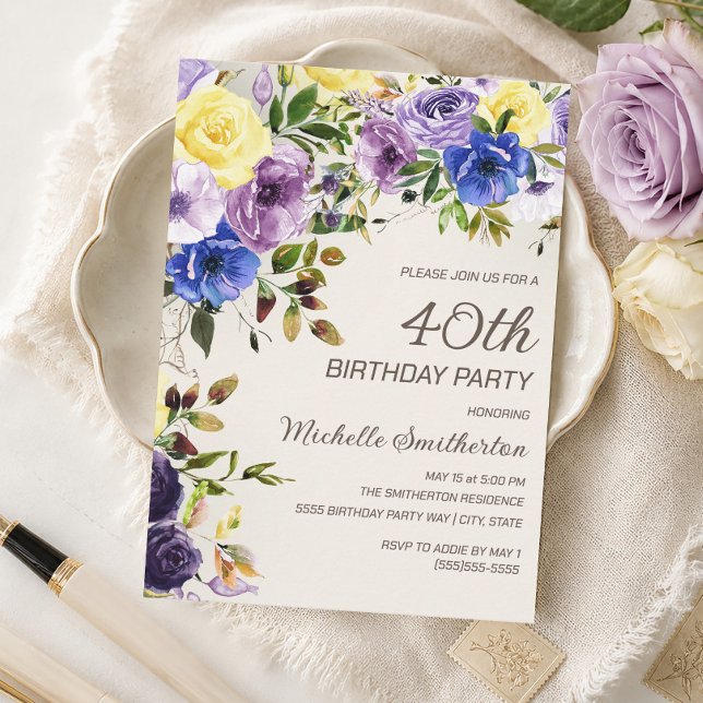 Invitation d'anniversaire 40 ans Fleurie Aquarelle (Purple and yellow watercolor floral 40th birthday party invitation)