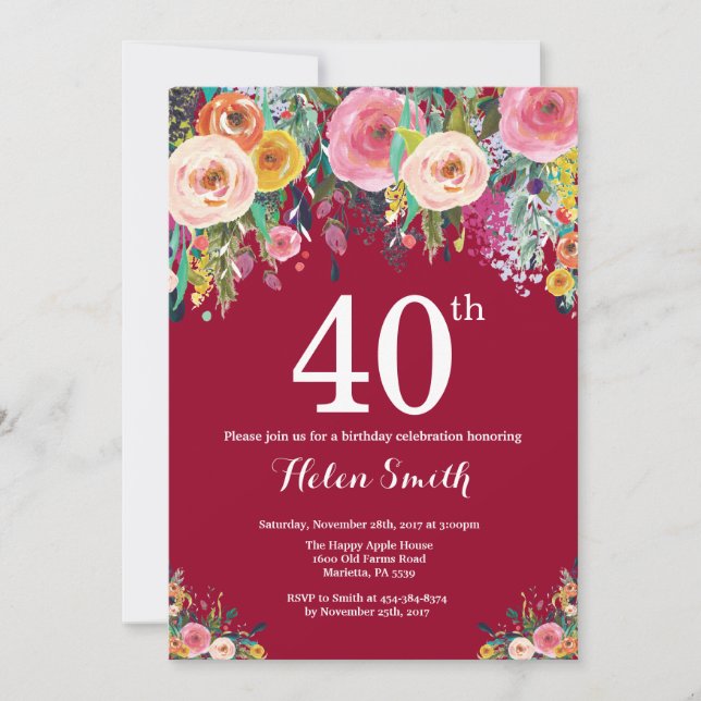 Invitation d'anniversaire 40 ans Floral Bourgogne (Devant)
