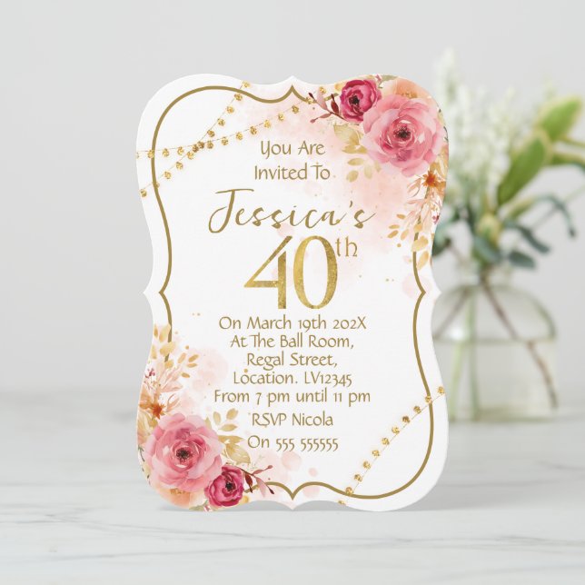 Invitation d'anniversaire 40 ans florale (Debout devant)