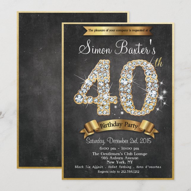 Invitation d'anniversaire 40 ans Gold Diamond Chal (Devant / Derrière)