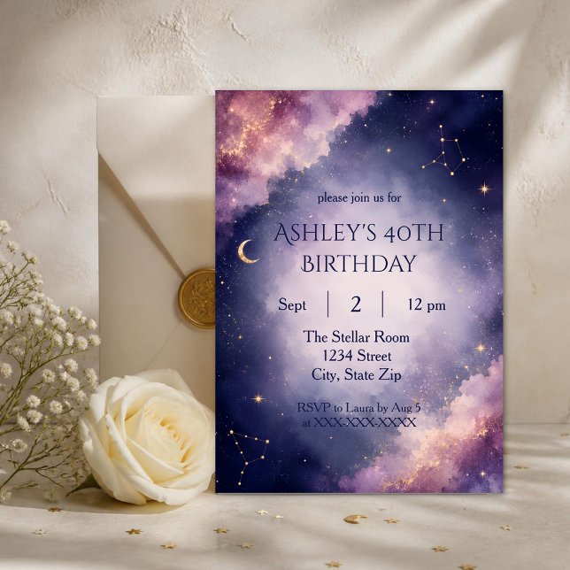 Invitation d'anniversaire 40 ans Moderne Cosmique (Sophisticated purple galaxy invitation customized for elegant 40th birthday celebrations.)