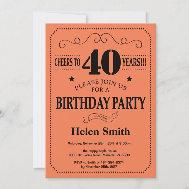 Invitation d'anniversaire 40 ans Noir et Corail (Devant)
