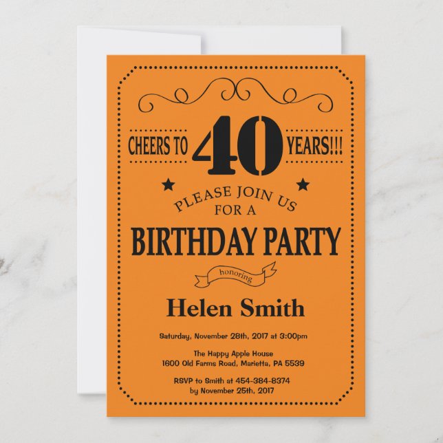 Invitation d'anniversaire 40 ans Noir et Orange (Devant)