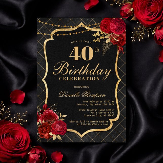 Invitation d'anniversaire 40 ans Noir, Rouge & Or (Black, Red & Gold 40th Birthday Invitation with Roses
)