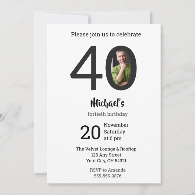Invitation d'anniversaire 40 ans photo minimaliste (Devant)