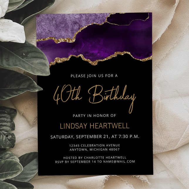 Invitation d'anniversaire 40 ans Purple Gold Agate (Créateur téléchargé)