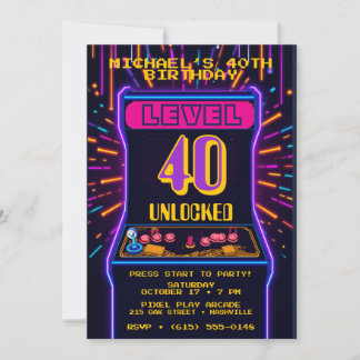 Invitation d'anniversaire 40 ans Rétro Arcade débl