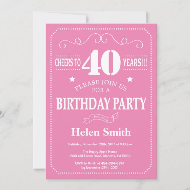 Invitation d'anniversaire 40 ans Rose et Blanc (Devant)