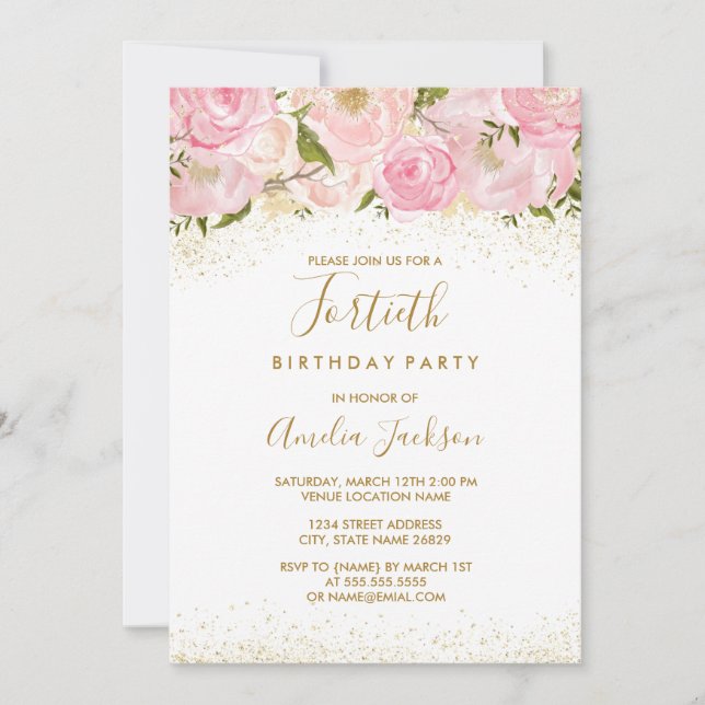 Invitation d'anniversaire 40 ans Rose scintillante (Devant)