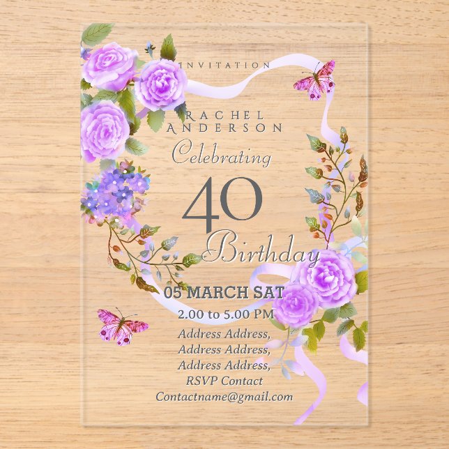 Invitation d'anniversaire 40 ans Ruban de Rose Vio (Recto)