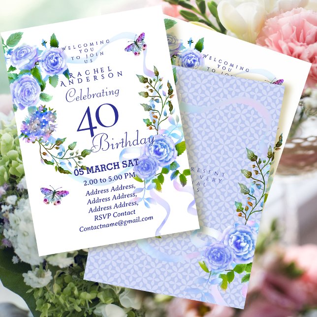 Invitation d'anniversaire 40 ans Ruban Rose Bleue (Blue Rose Ribbon 40th Birthday Invitation)