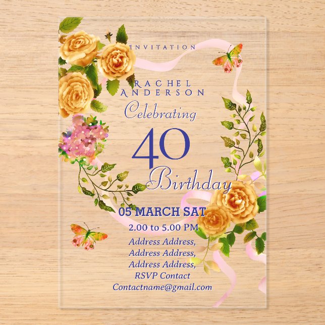 Invitation d'anniversaire 40 ans Ruban Rose Doré (Recto)