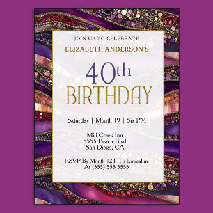 Invitation d'anniversaire 40 ans Strata Or Violet