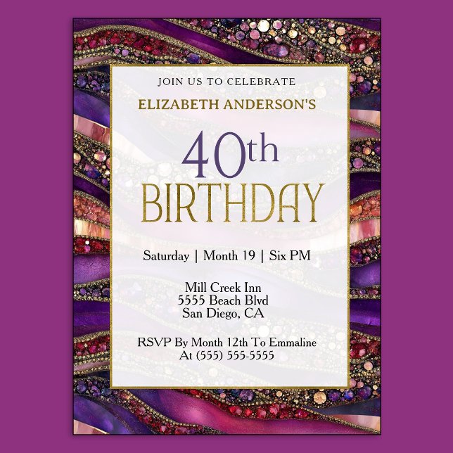 Invitation d'anniversaire 40 ans Strata Or Violet  (Luxury purple and gold 40th birthday invitation with jeweled marble design and elegant style.
)