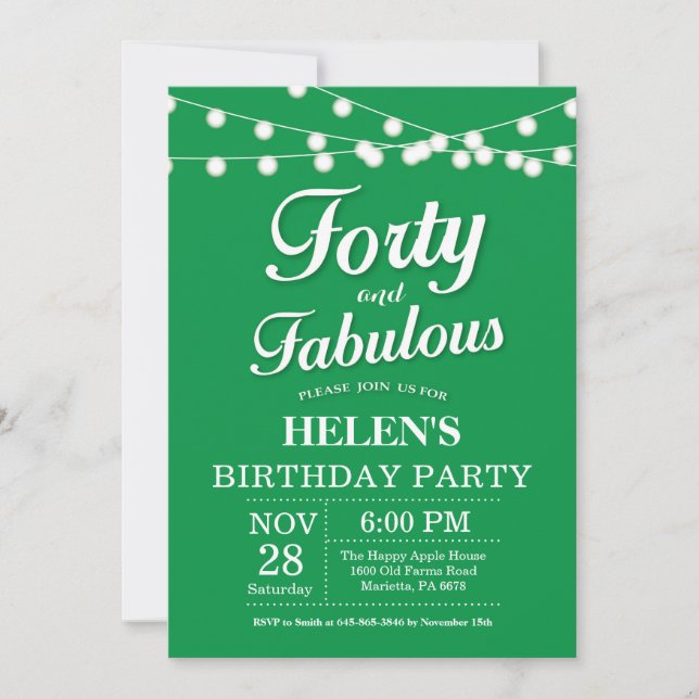 Invitation d'anniversaire 40 ans vert fabuleux (Devant)