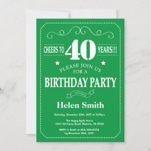 Invitation d'anniversaire 40 ans verte et blanche