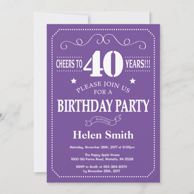 Invitation d'anniversaire 40 ans Violet et Blanc (Devant)