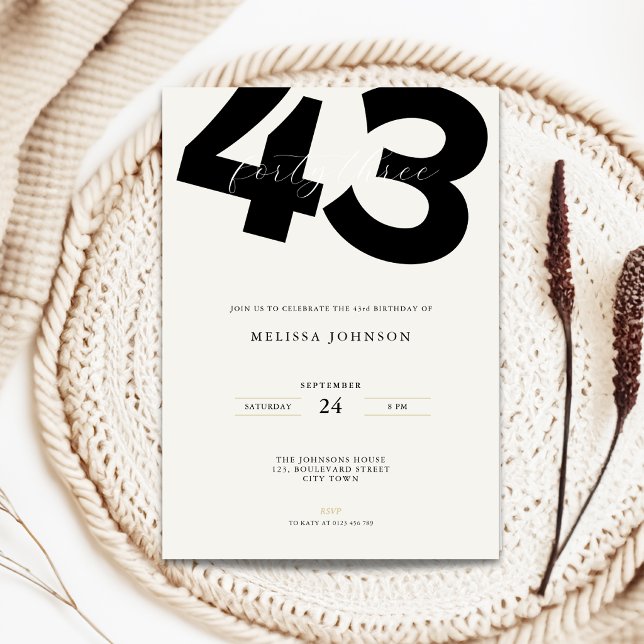 Invitation d'anniversaire 43 ans Minimal - Typo Gr (Minimal 43rd birthday invitation with stylish bold typography)