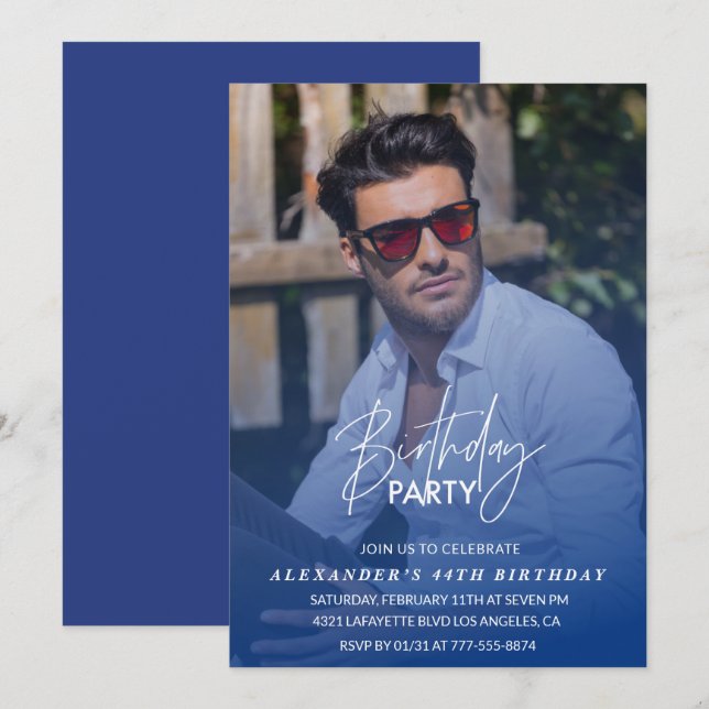 Invitation d'anniversaire 44 ans Bleu Photo de fêt (Devant / Derrière)