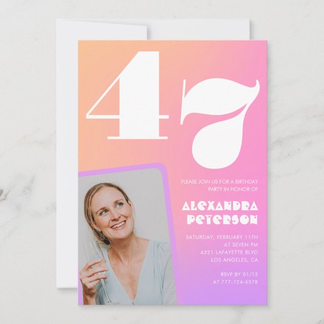 Invitation d'anniversaire 47 ans à dégradé rose Ph (Devant)